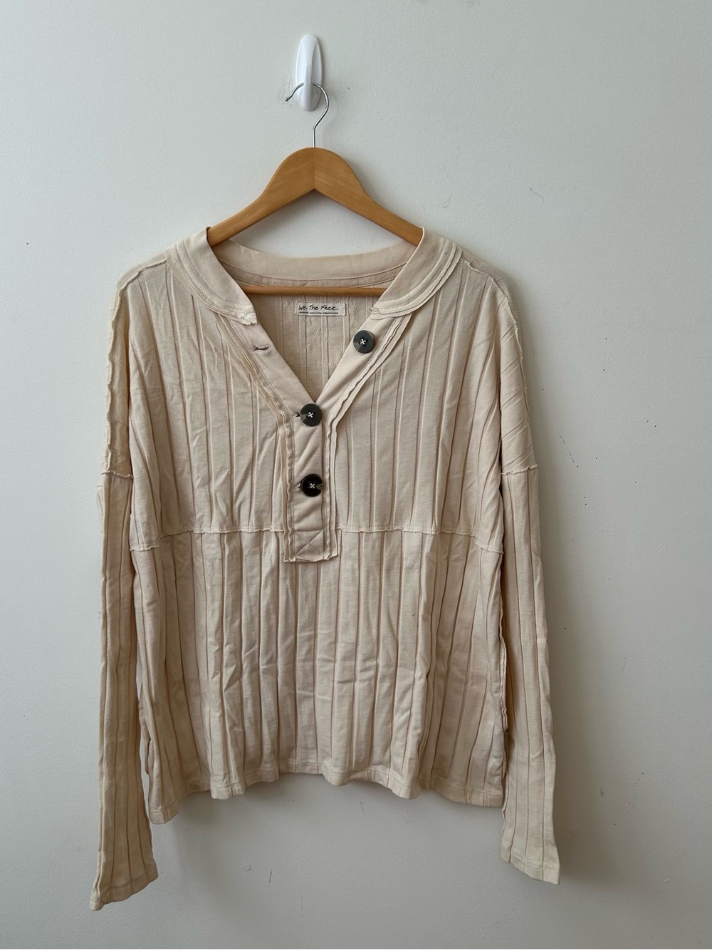 We The Free Women's Beige Ribbed Knit Henley Button Long Sleeve Top M
